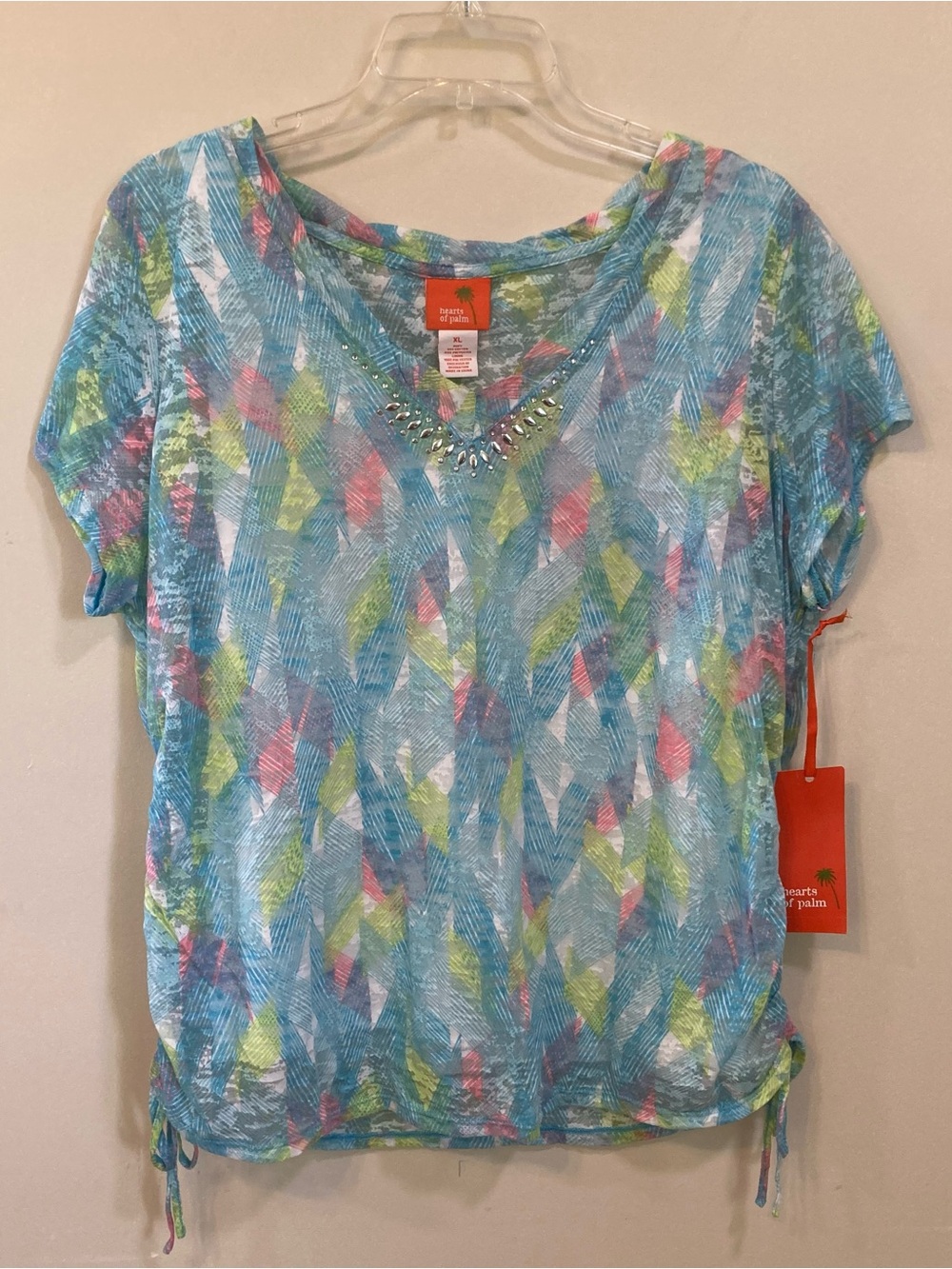 Hearts of Palm Sz XL Geometric Print V-Neck Womens Top Lined Cotton Blend NEW